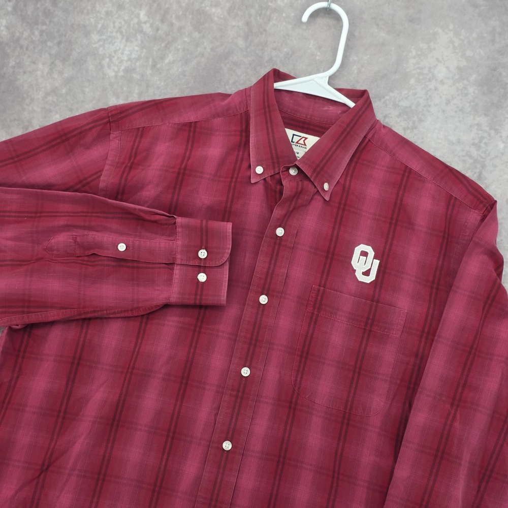Cutter & Buck Oklahoma Sooners Mens Medium Red Plaid Button Down Shirt OU Logo